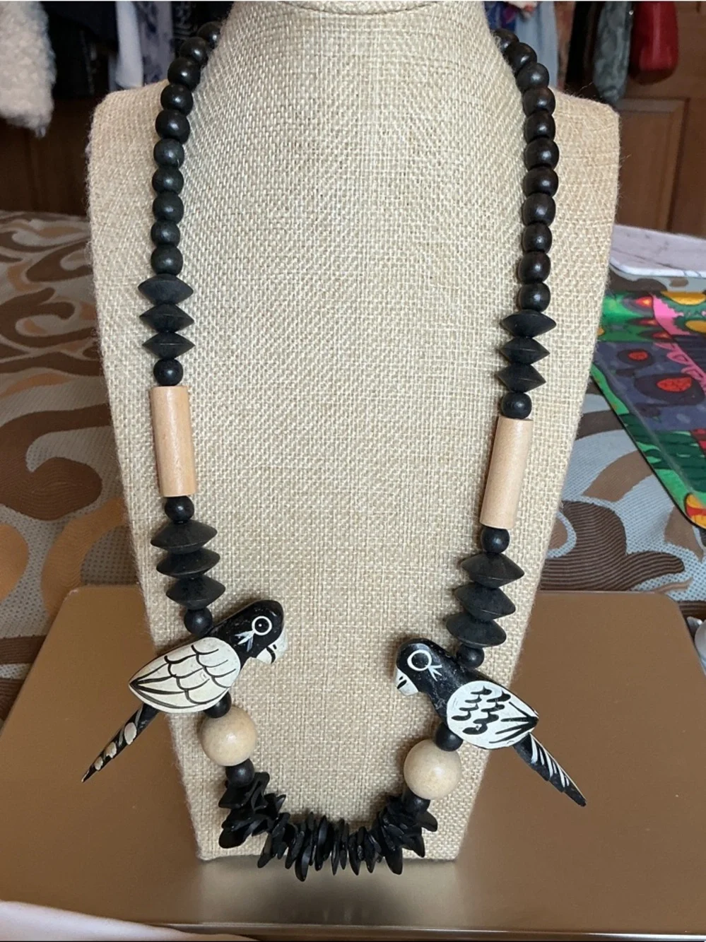 Handcrafted Black & Natural Wood Bird Necklace - Picture 4 of 4